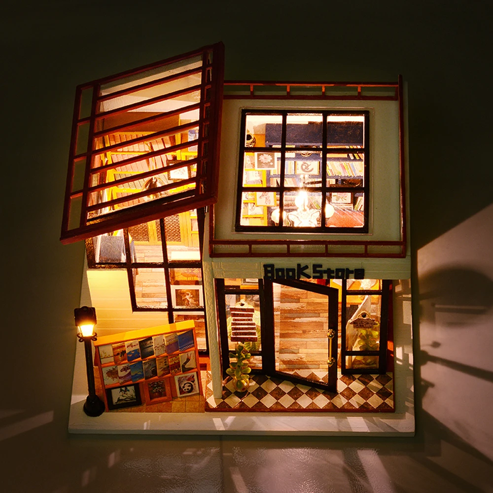 Книжный магазин, мебель, кукольный домик, миниатюрный, сделай сам, дом, модель, набор с светодиодный подсветкой, деревянная игрушка, кукольный дом, рождественский подарок