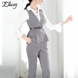 Ellacey Новый 2019 Ранняя весна женский костюм офис леди клетчатая блузка рубашка жилет 2 шт. брюки костюм 2 шт. наряды для женщин