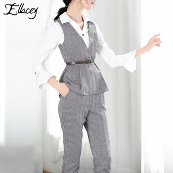 

Ellacey New 2019 Early Spring Women's Suit Office Lady Plaid Blouse Shirt Vest Two Pieces Pants Suit 2 Piece Outfits for Women
