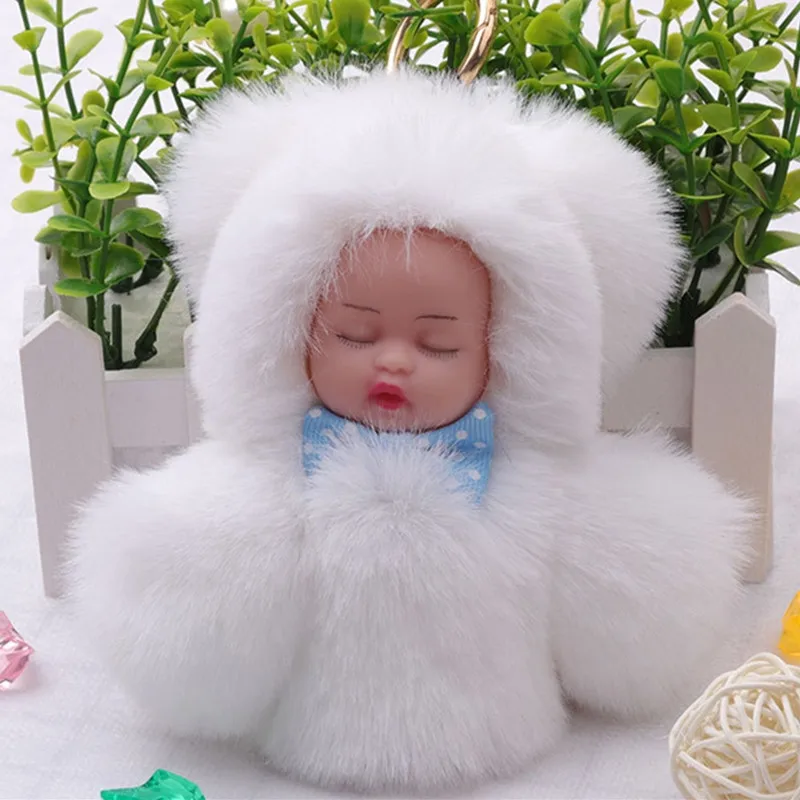 Модный искусственный Рекс помпон из меха кролика спящий детский брелок-игрушка кольцо женская сумка Подвески помпон кукла-брелок для ключей вечерние подарочные брелоки - Цвет: White