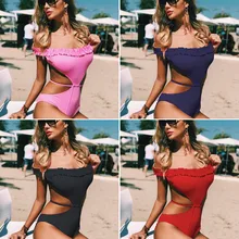 SHUMEIZI пикантные Одна деталь Плавание костюм Для женщин Плавание одежда Холтер сплошной цвет рябить летняя пляжная одежда ванный комплект Монокини Плавание