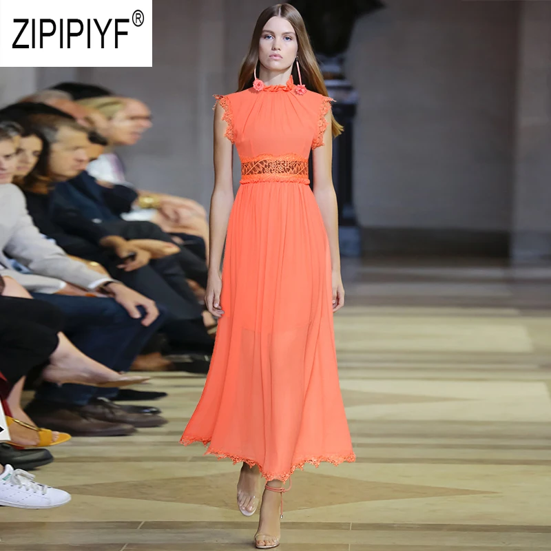 

Hot Selling Women Chiffon Dresses Stand Neck Sleeveless Hollow Out Embroidery Lace Patchwork Long Dress Casual Maxi Dress Z1699