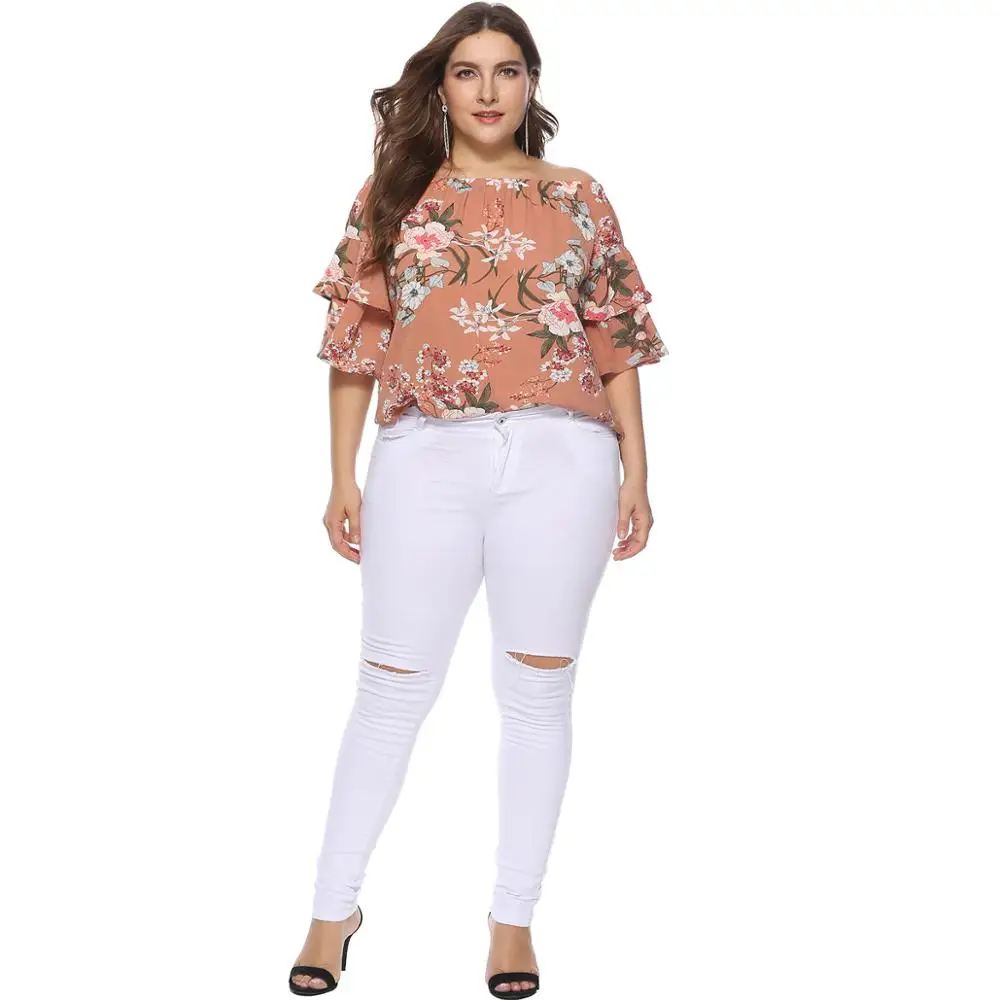 Summer shirt New plus size women's shirt petal sleeve printed chiffon shirt