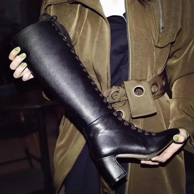 

Fashion Runway Black Real Leather Winter Boots Women Knee High Squre Toe Chunky Heel Ladies Booties Cross Tied Side Zip Shoes