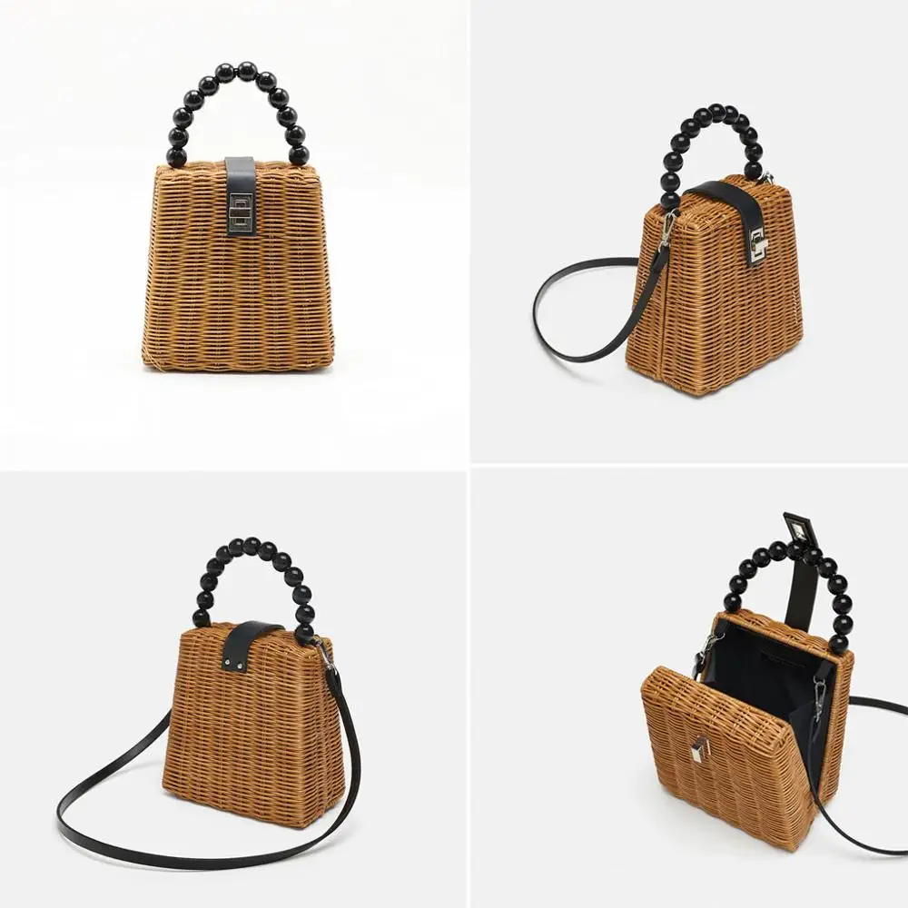 

Women Retro Pearl Hand-Woven Straw Bag Summer Travel Handle Bag Shoulder Bag