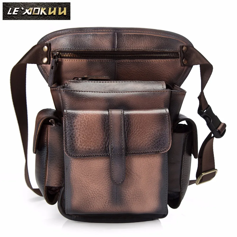 

Genuine Leather Men Design Casual Messenger Cross body Sling Tablets Bag Multifunction Fashion Waist Belt Pack Leg Bag 913-5db