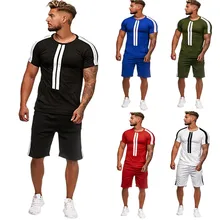 ^#Cheap Casual Men's Set Stripe Stitching Set Summer Short Sleeve Sports Set Round Collar Polyester Men's Set 4 ^#Cheap Casual Men's Set Stripe Stitching Set Summer Short Sleeve Sports Set Round Collar Polyester Men's Set 4
