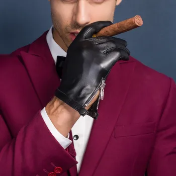 

unlined Men's Genuine Leather Gloves Black Touch Screen Real Sheepskin winter warm Gloves side zip with Button