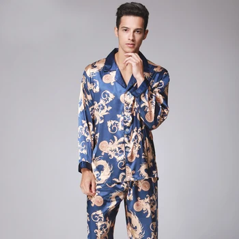 

2PCS Men Satin Long Sleeve Dragon Pajamas Pyjamas Set Sleepwear Set Male Silky Nightwear Loungewear L XL XXL Fits All Seasons