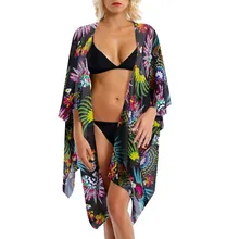 Сексуальное шифоновое перспективное пляжное платье для женщин; летние пляжные туники с цветочным принтом; кардиган с шалью; Пляжная накидка-Кафтан