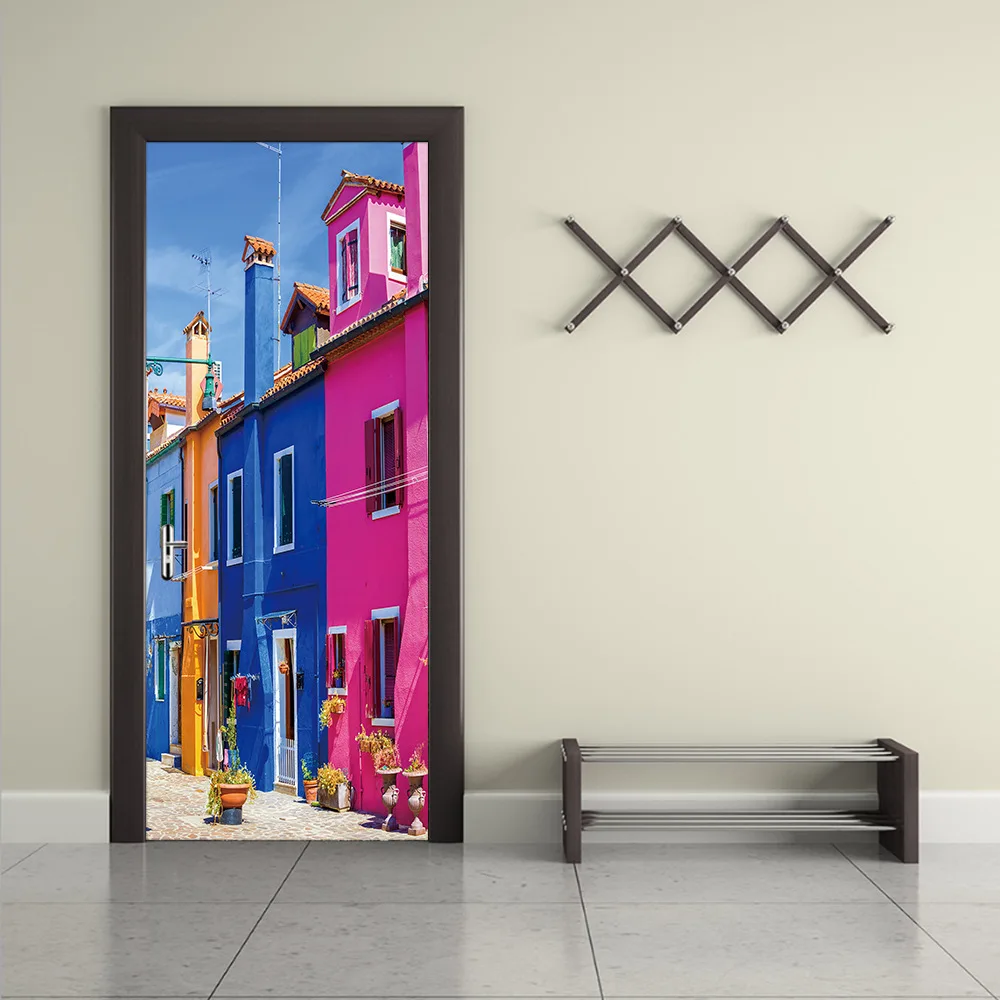 

Venice Street Blue House European Door Stickers 77x200cm Home Decor Door Mural Self Adhesive PVC Wallpaper Wooden Door 3D Decal