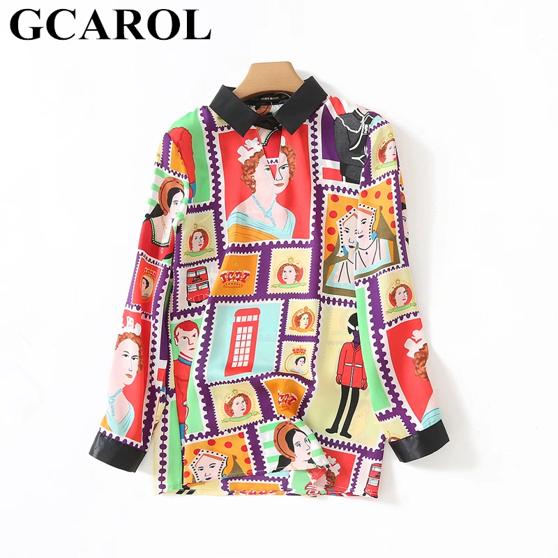 

GCAROL 2019 Early Spring Women Character Digital Print Blouse Long Sleeve Turn-down Collar Splice Shirt Fashion Vintage Tops