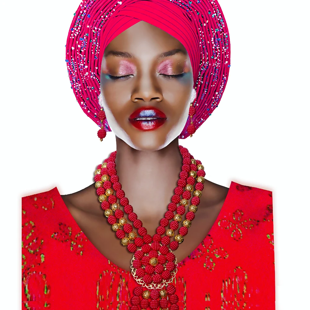 

Fashion 3 Rows Red Imitation Coral Beads Women Necklace Nigerian African Wedding Beads Jewelry Set YT31-3