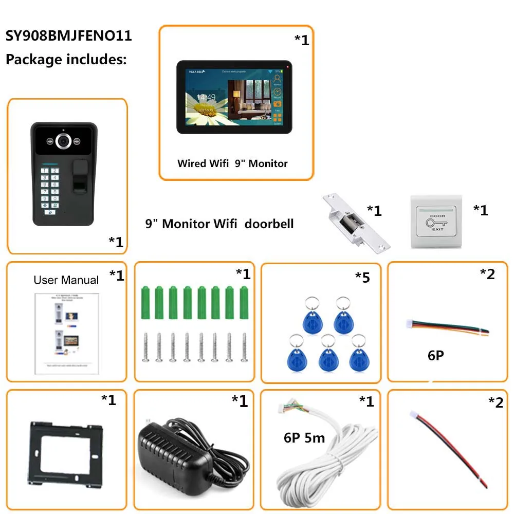 9 дюймов проводной беспроводной Wi-Fi отпечатков пальцев видео телефон двери дверной звонок Домофон Система с электрическим ударным замком+ 1000TVL камера