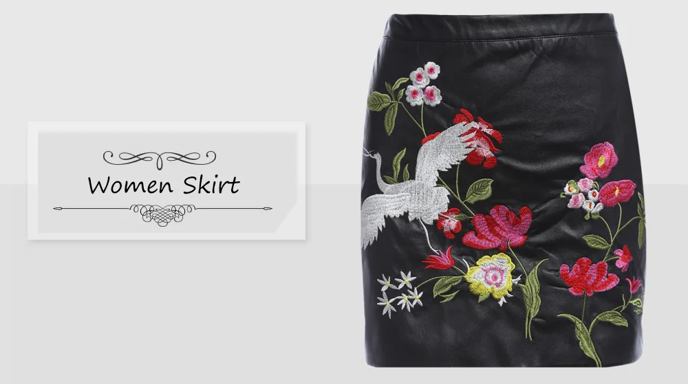 VESTLINDA Black Skirt Floral Embroidery Vintage PU Leather Pencil Skirt Women Slim High Waist Zipper Mini Ethic Plus Size Skirts 8