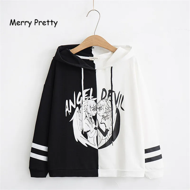  Merry Pretty Kawaii Women Hooded Hoodies Long Sleeve Lovely Patchwork Cute Girls Sweet Sweatshirt F