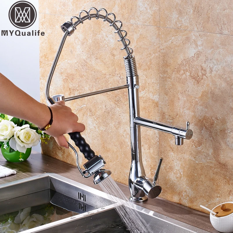 Bright Chrome Kitchen Faucet Two Swivel Spout Single Handle Brass Spring Pull Down Kitchen Mixer Sprayer