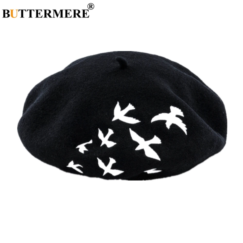 

BUTTERMERE 100% Wool French Beret Women Bird Embroidery Woolen Female Beret Black White Pink Gray Fashion Ladies Painter Hat