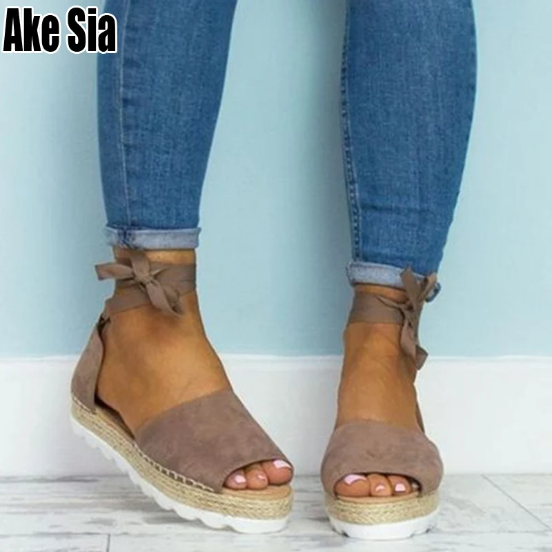 

Summer Peep Toe Women Ladies Fashion Hemp Woven Thick Soles Mujer Sandalias Hollow Out Ankle Band Casual Flat Sandals Shoes A591