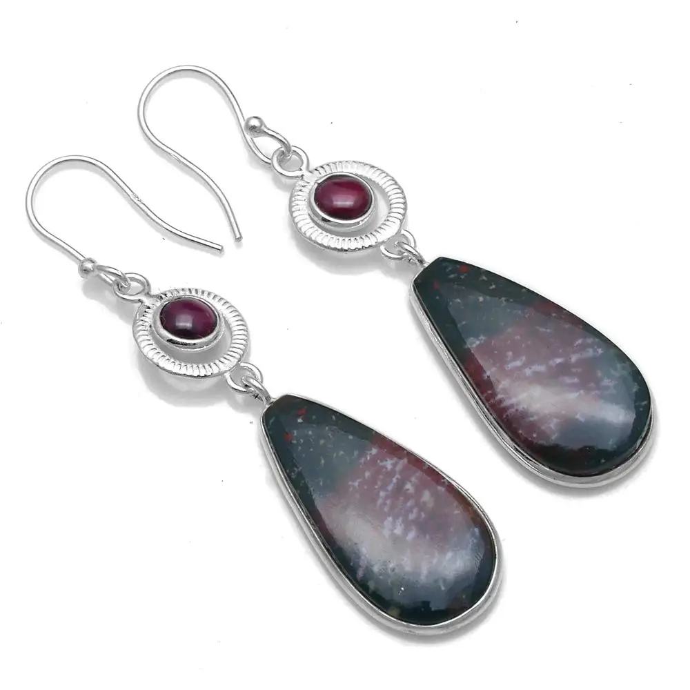 

Genuine Bloodstone + Pink Rubellite 925 Sterling Silver Earrings, 55.6 mm, 2SE0559