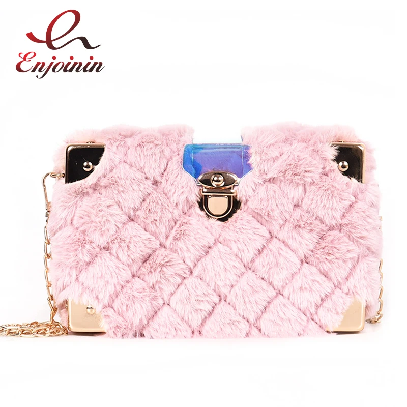 

New Faux Fur Metal Corner Luxury Fashion Box Design Women Clutch Bag Mini Chain Purse Crossbody Bag Handbag Flap Shoulder Bag
