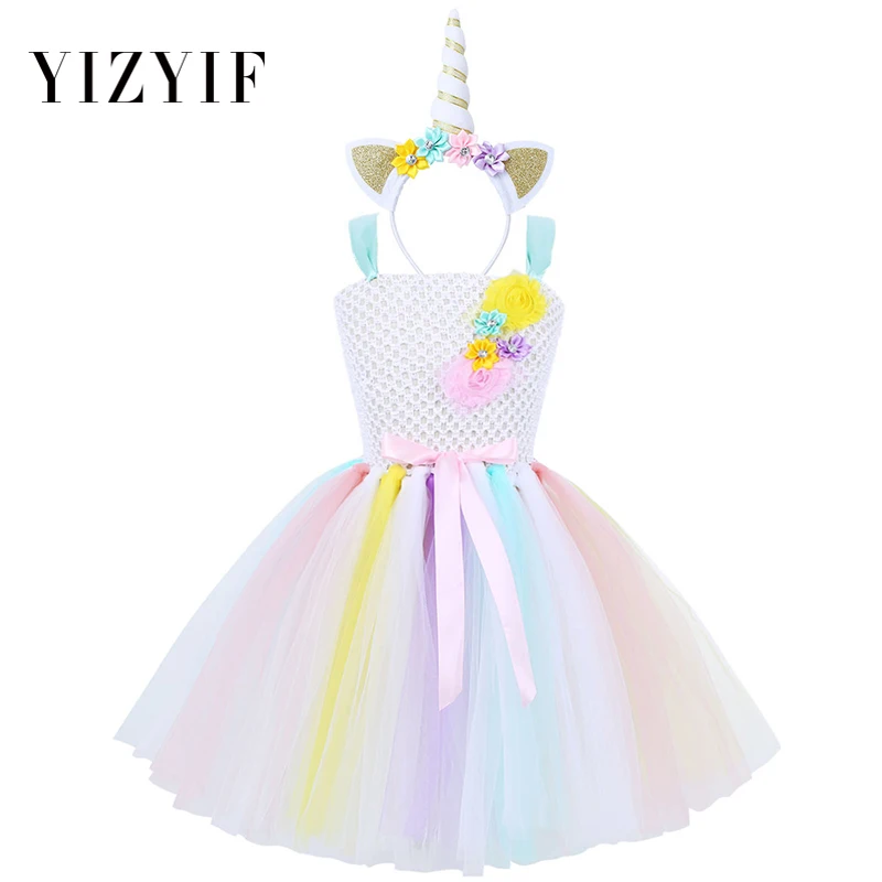 

YiZYiF Girls Tutu Dress Cartoon Outfit Fancy Rainbow Princess Pony Dress With Headband Christmas Halloween Costume Party Dress