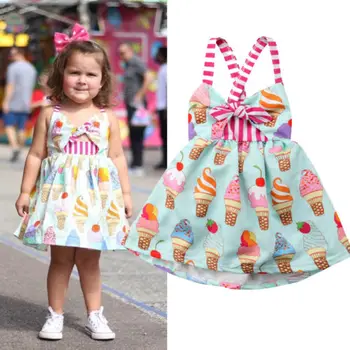 

Girls Ice Cream Print Strap Backless Dress