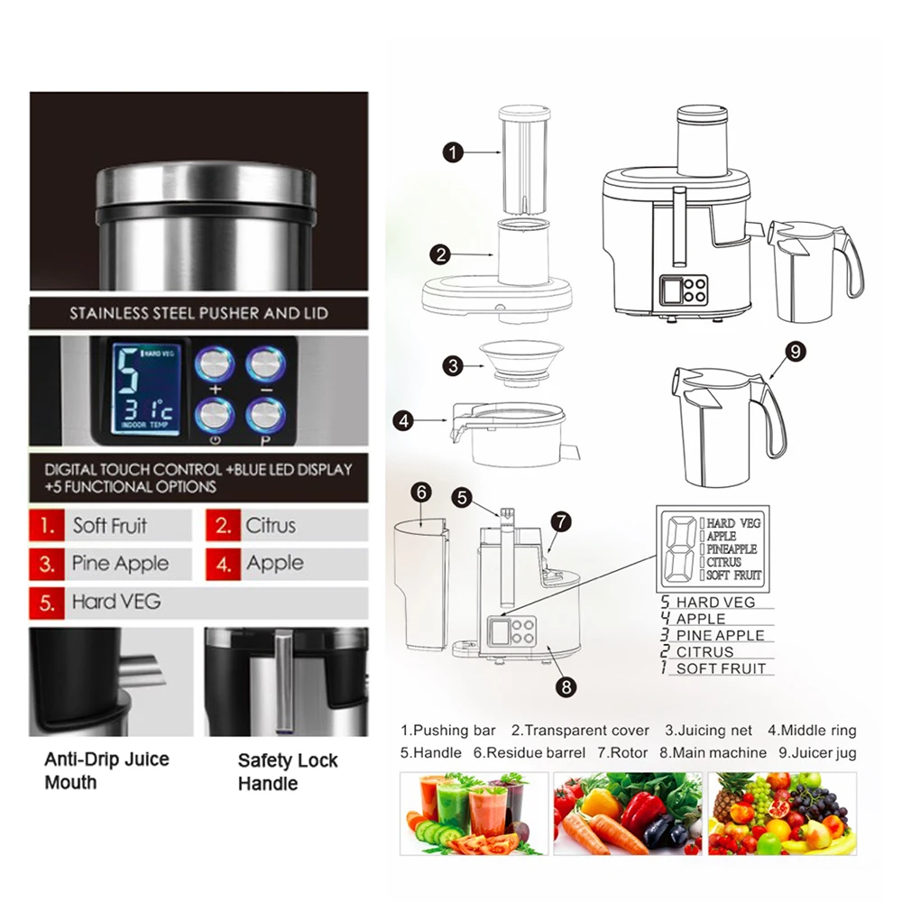 5 скоростей соковыжималки из нержавеющей стали с ЖК-дисплеем 220 В Электрический экстрактор сока фруктовая Питьевая машина для дома Sonifer