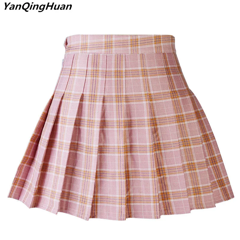 YANQINGHUAN, летняя мода, женская плиссированная юбка, Harajuku, студенческий стиль, юбки, мини, для девушек, Kawaii Baita, высокая талия, клетчатая юбка