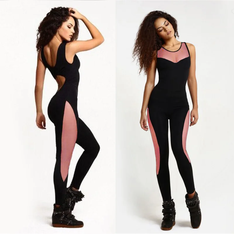 

2017 Mesh Bodysuit Women Yoga Long Pants Sexy Jumpsuit Womens Romper Backless One piece running Set Tracksuit