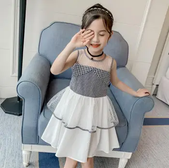 

2019 Korean style girls patchwork dress fashion cotton voile summer girls vest dresses 4-9t B680