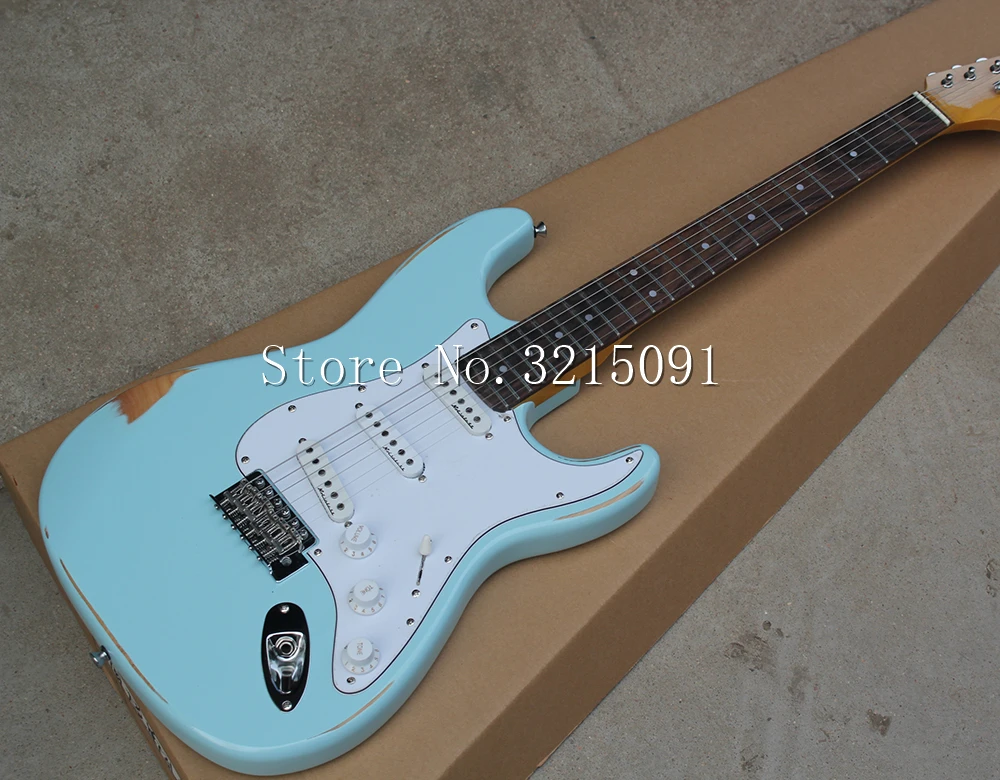 

Factory Custom Sky-blue Vintage Body Electric Guitar with SSS Pickups,White Pickguard,Rosewood Fretboard,Offer Cutmomized
