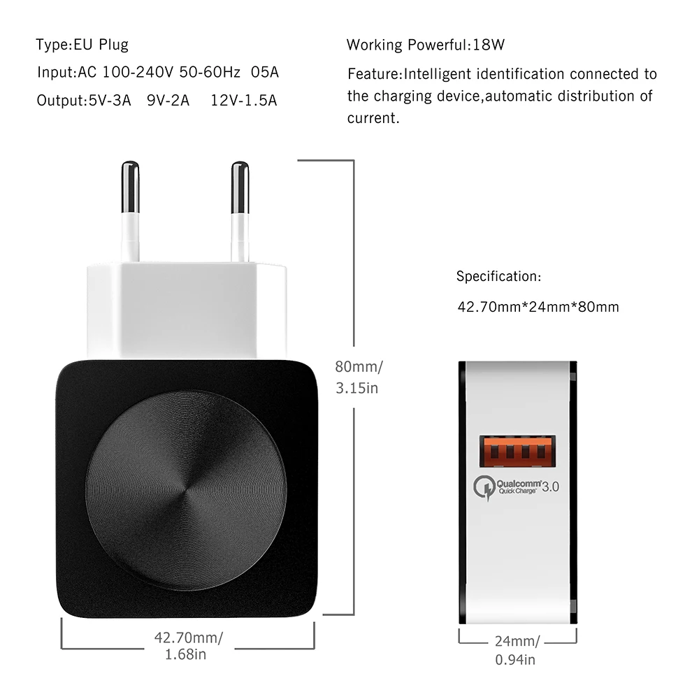 Yianerm 18 Вт USB настенное зарядное устройство для телефона QC 3,0 зарядное устройство для путешествий Android зарядное устройство для samsung Galaxy S7/S6, Xiaomi, huawei и iPhone