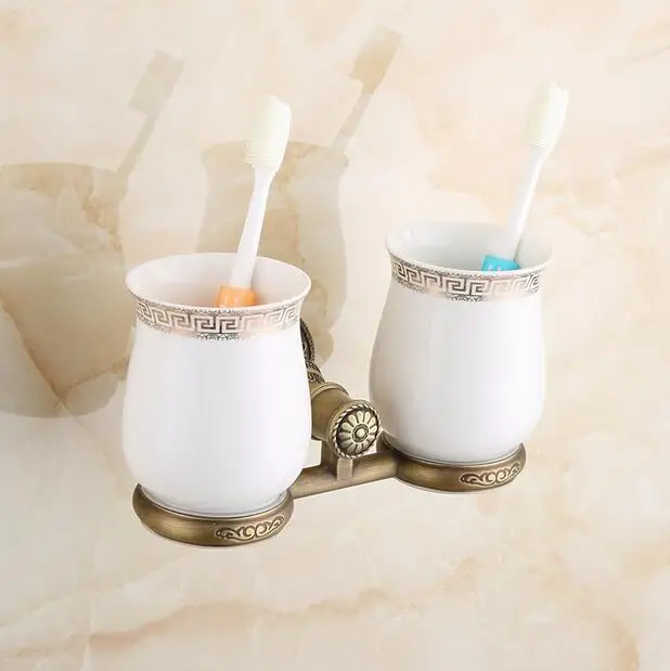 Brass antique double cup holder toothbrush Antique Brass Double Tooth Brush Holder Bathroom Cup Holder Toothbrush
