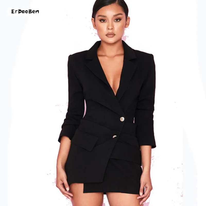

ERDAOBEN New Autumn Women's Windbreaker partyl Long-sleeved Double-breasted Pleated Temperament Dress Long Suit Jacket BH5828