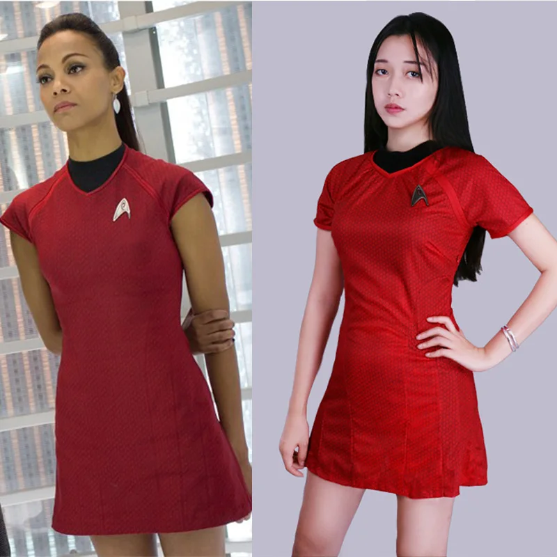 

Cosplay Star Into Darkness StarFleet Uhura Costume with Badge Dress Cosplay Red Halloween Uniform