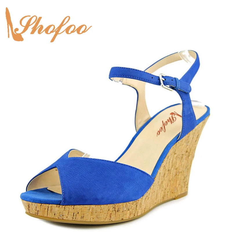 

Shofoo 2021 New Designer Blue Platform Wedges Women's Sandals High Heels Top Quality Suede Summer Casaul Ladies Shoes 41 42