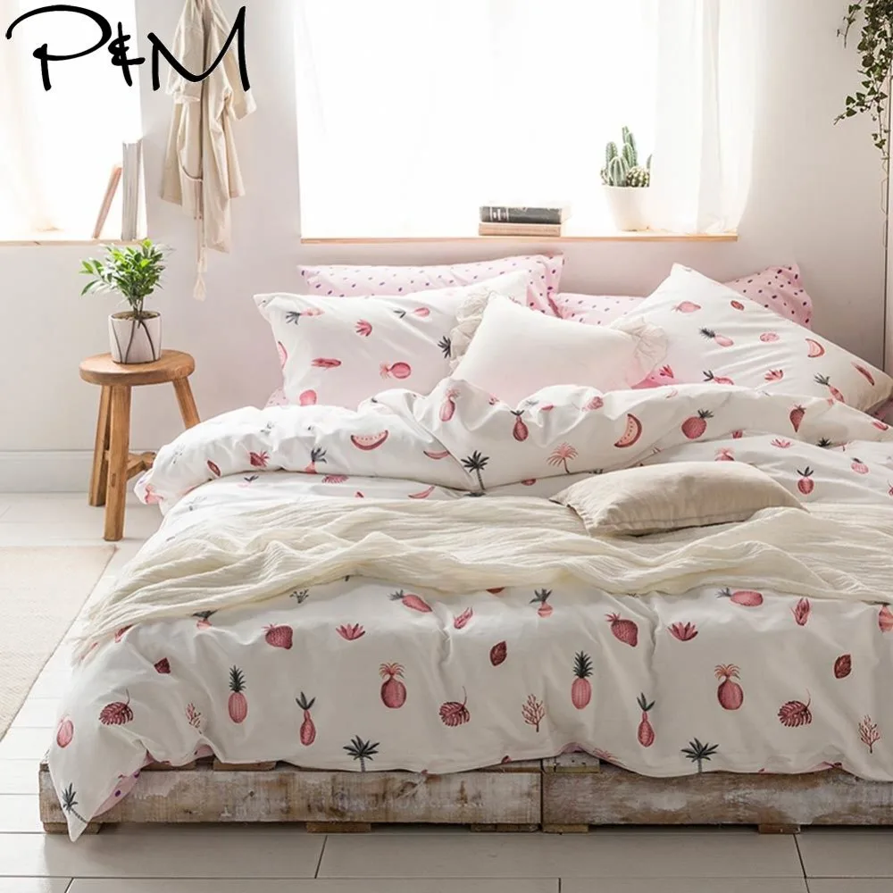 

2019 PAPA&MIMA Fresh Pink Pineapples Bedlinens Twin Queen King Size Cotton Duvet Cover Set Pillowcases 3/4pcs Bedding Set