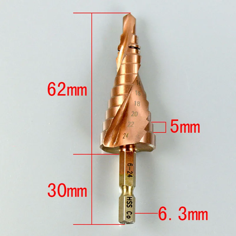 

1Pcs 6-24mm 1/4" Hex Shank HSS-Co Cobalt Spiral Grooved Step Drill Bit Hole Saw