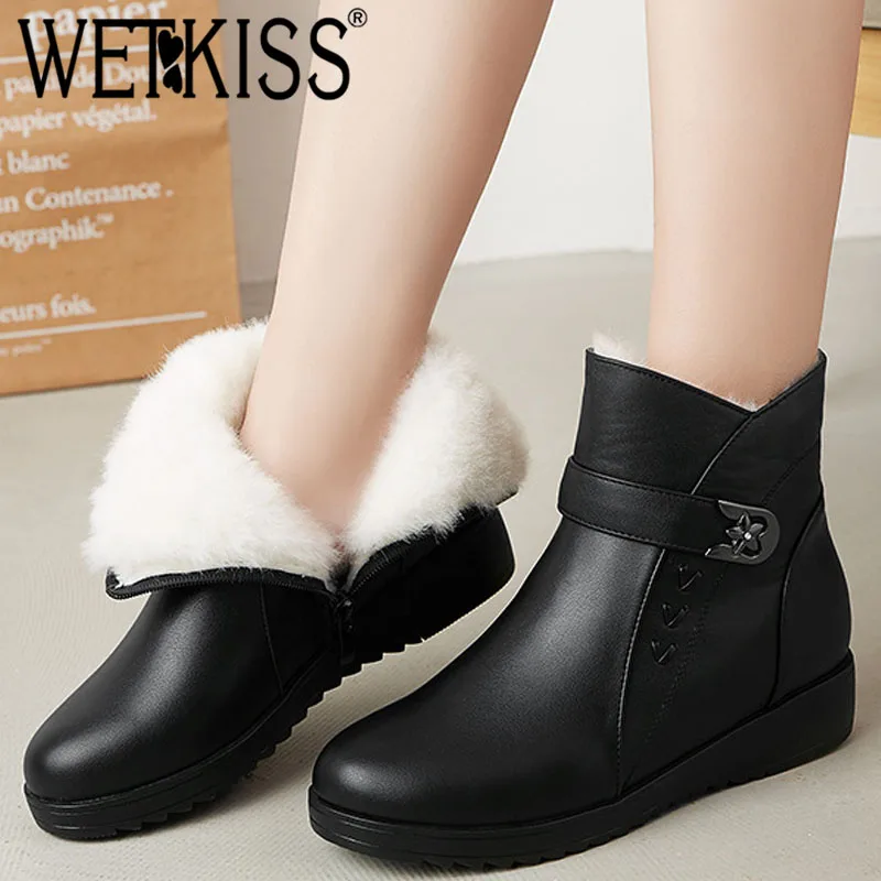 

WETKISS Casual Ankle Women Snow Boots Round Toe Zip Footwear Warm Wool Female Boot Pu Platform Snow Shoes Woman Winter 2018 New