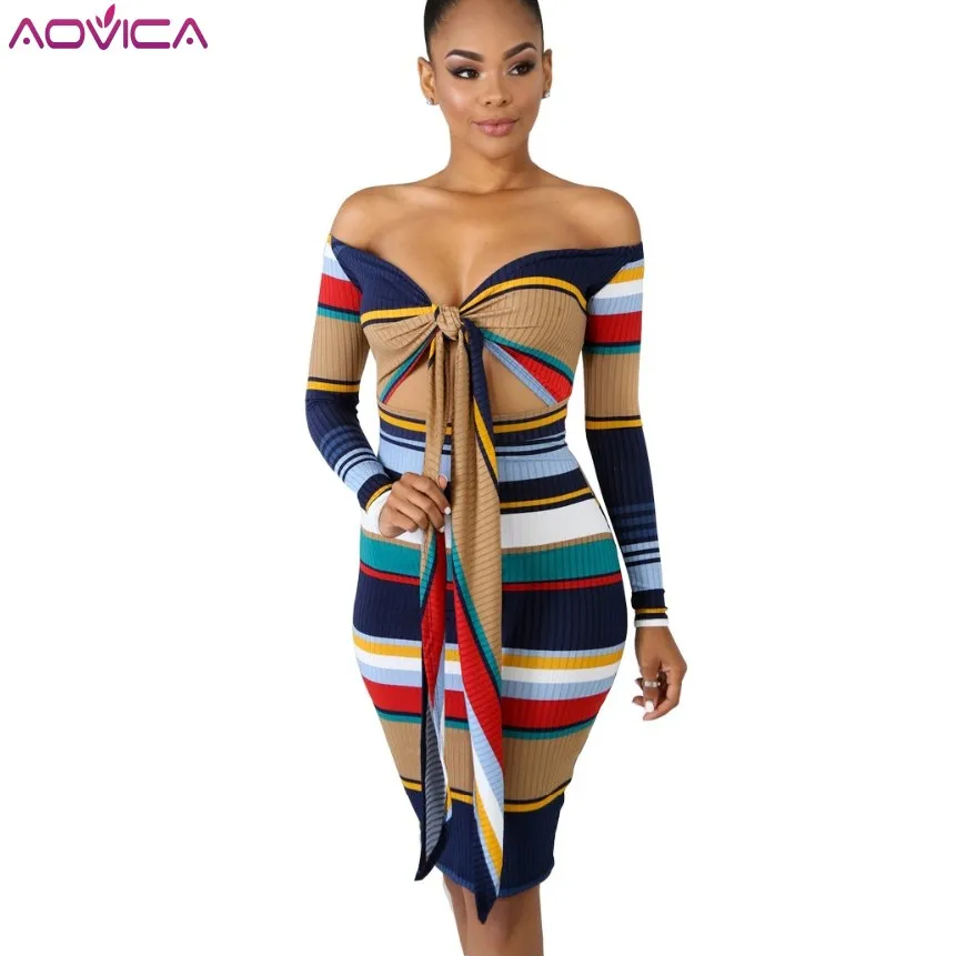 

2018 Stripe Crop Bow Autumn Winter Women Dresses Long Sleeve Fashion Casual Sexy Bodycon Bandage Club Night Mini Dress
