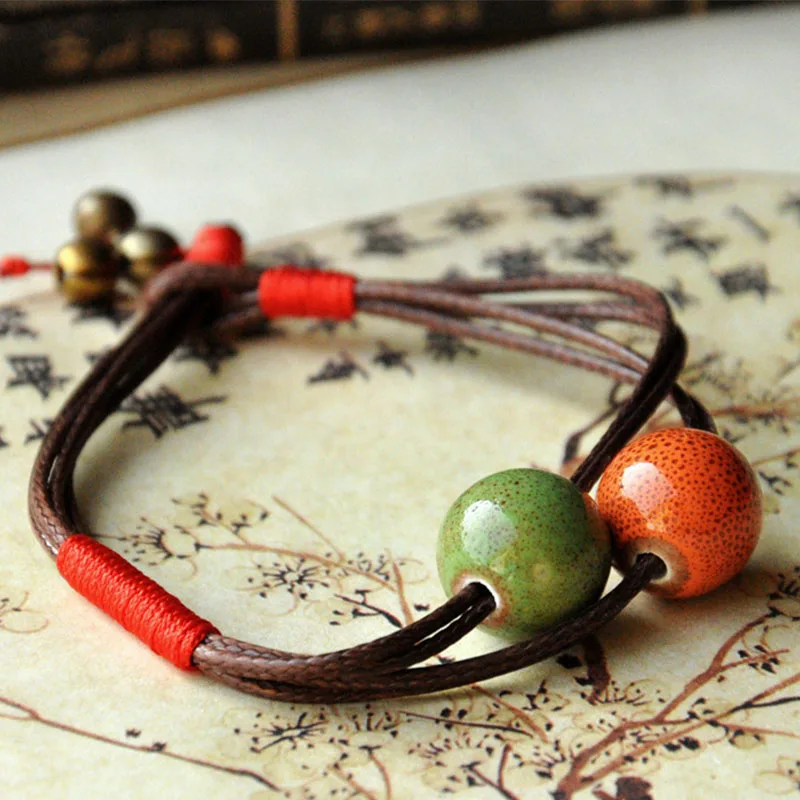 Women Ceramic Beads Bracelets Multilayer Weave Red Rope Chain Bronze