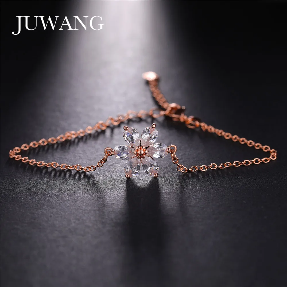 

JUWANG Brand Summer Clear Cubic Zirconia Flower Bracelet for Women Fashion Rose Gold Color AAA CZ Lobster Clasp Chain Jewelry