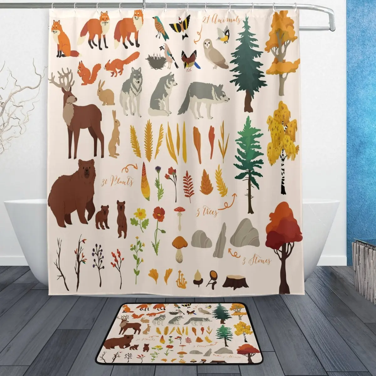 Forest Tree Wild Animal Shower Curtain and Mat Set Flower Fox Reindeer Wolf Bear Owl Bird Waterproof Fabric Bathroom | Дом и сад