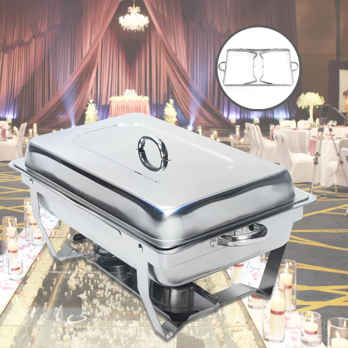 1Pc 2 Pack 9 Quart Stainless Steel Folding Chafer Rectangular Chafing Dish Sets Buffet Catering 2 Food Pan 24"x14"x11.4"