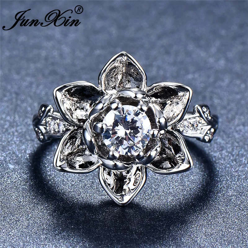 JUNXIN Charm Lotus Flower Female Ring 925 Sterling Silver Filled Real Zircon Inlay White Rings For Women Engagement Jewelry Gift