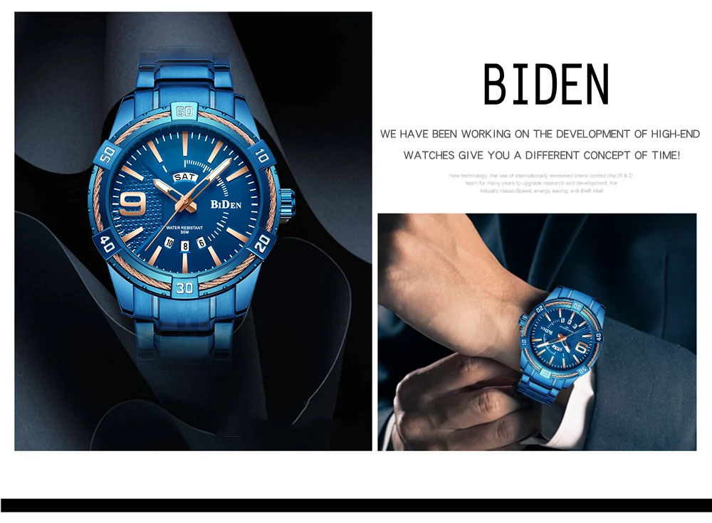 2019 Men Fashion Quartz Watch Blue Stainless Steel Strap Date Week Display Casual Mens Watches Top Brand Luxury Analog Clock