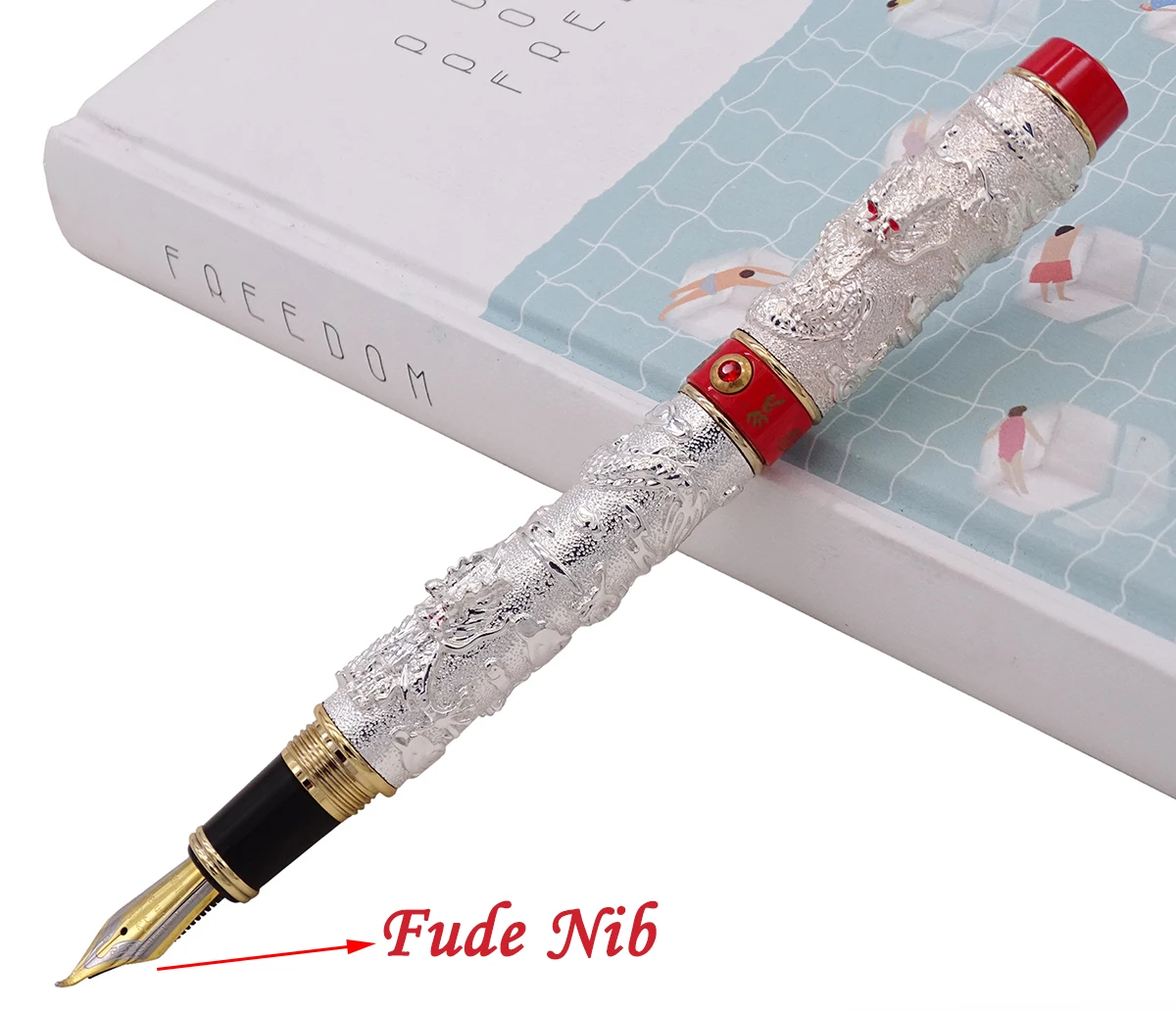 

Jinhao Vintage Silver-Red-Ring Fountain Pen Double Dragon Calligraphy Fude Nib Metal Carving Embossing Heavy Gift Pen Collection