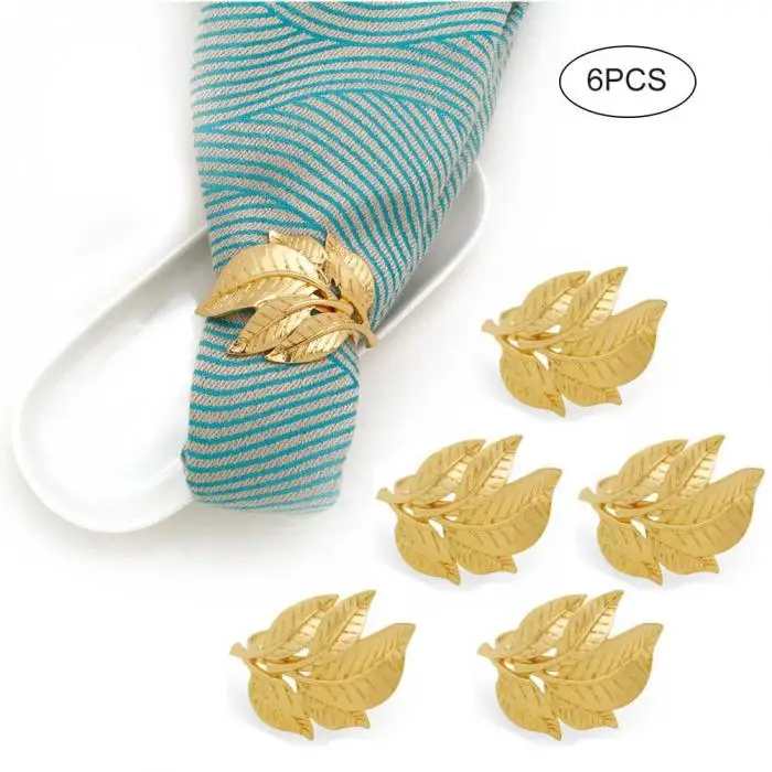 6pcs Golden Napkin Buckle Rings Leaves Shaped for Wedding Banquet Dinner Table Decor@LS