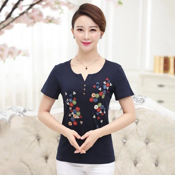 

Casual Short Sleeve T Shirt Women Tops 2020 Summer New Plus Size Middle Age Mother V-Neck Embroidery Floral Bottoming Shirt 4XL